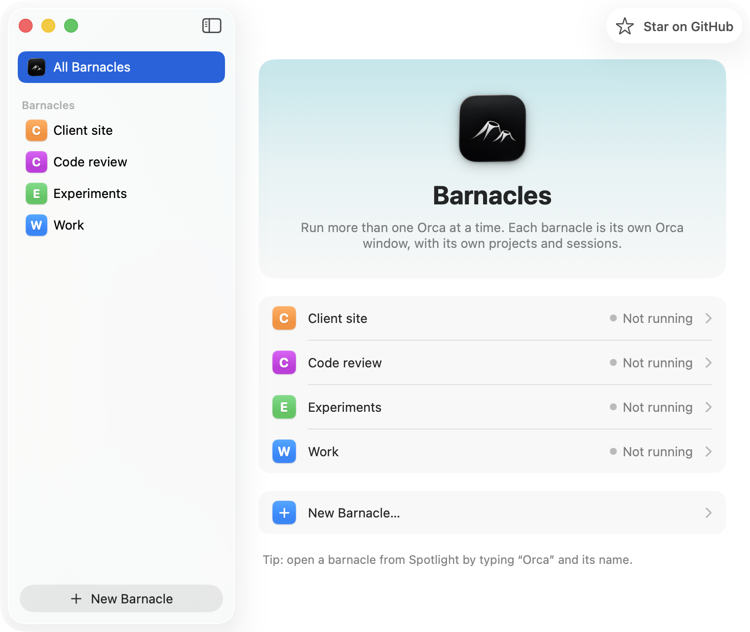 The Barnacles window, listing four Orca instances: Client site, Code review, Experiments and Work